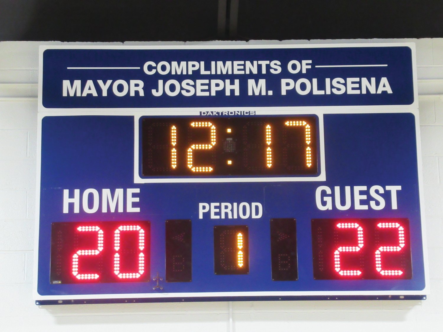 MAYOR’S MARK: Through the generosity of Johnston Mayor Joseph Polisena, the “new” Rainone Gym has an official electric scoreboard he purchased during the rebuilding project. It was the second such gift he gave to the town, the first being a scoreboard inside the Daniel E. Mazzulla Jr. Indoor Recreation Center.